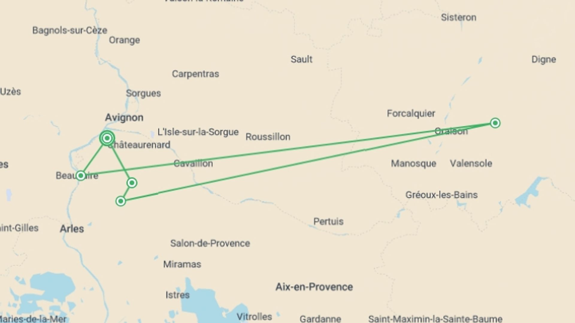 A map showing the tour itinerary for the trip: Provence Backroads, starting in Barbentane, France and ending in Barbentane, France going through 5 other destinations.