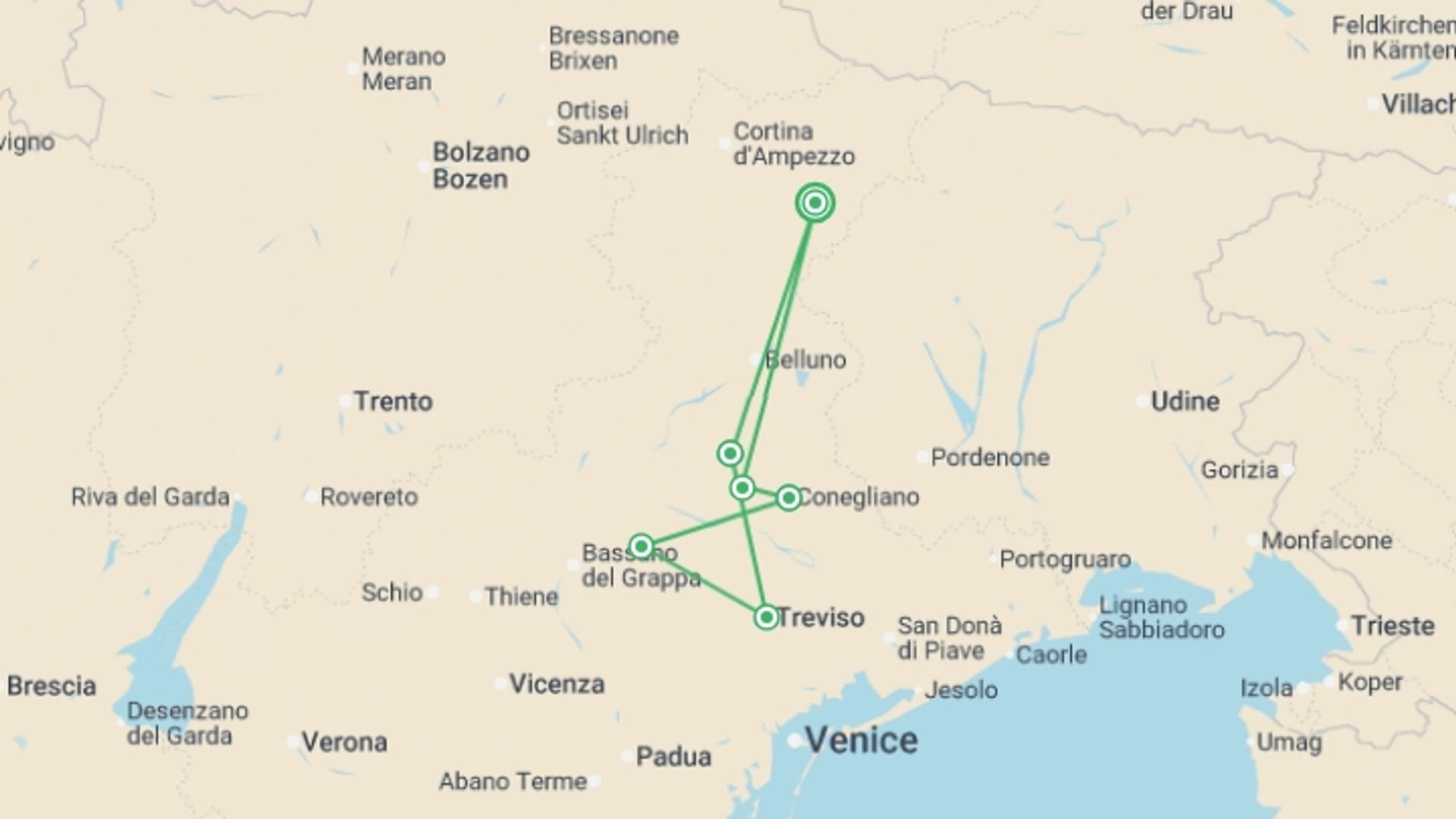 A map showing the tour itinerary for the trip: Walk The Prosecco Hills & Hidden Venice, starting in Pieve Di Cadore, Italy and ending in Pieve Di Cadore, Italy going through 6 other destinations.