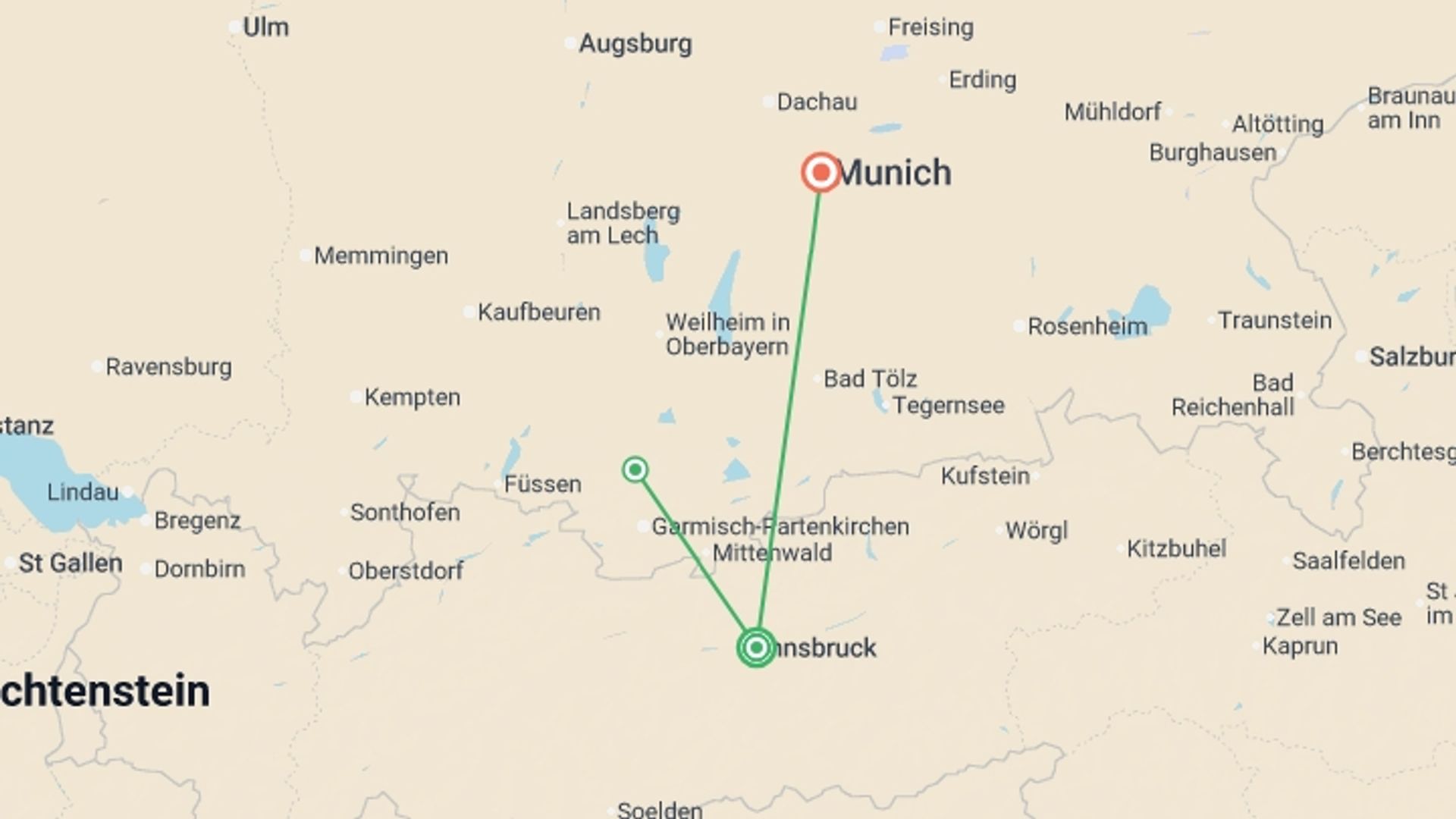 A map showing the tour itinerary for the trip: Magical Christmas Markets of Austria and Germany, starting in Innsbruck, Austria and ending in Munich, Germany going through 0 other destinations.