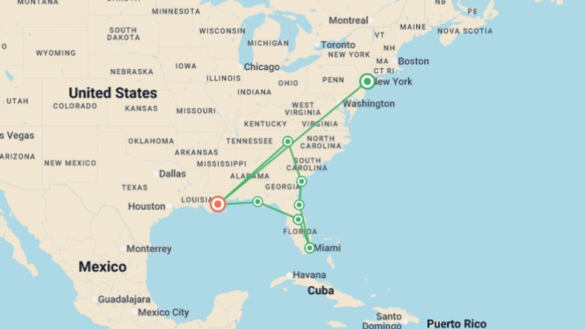 A map showing the tour itinerary for the trip: USA: Dallas to Miami, starting in New York, USA and ending in New Orleans, USA going through 6 other destinations.