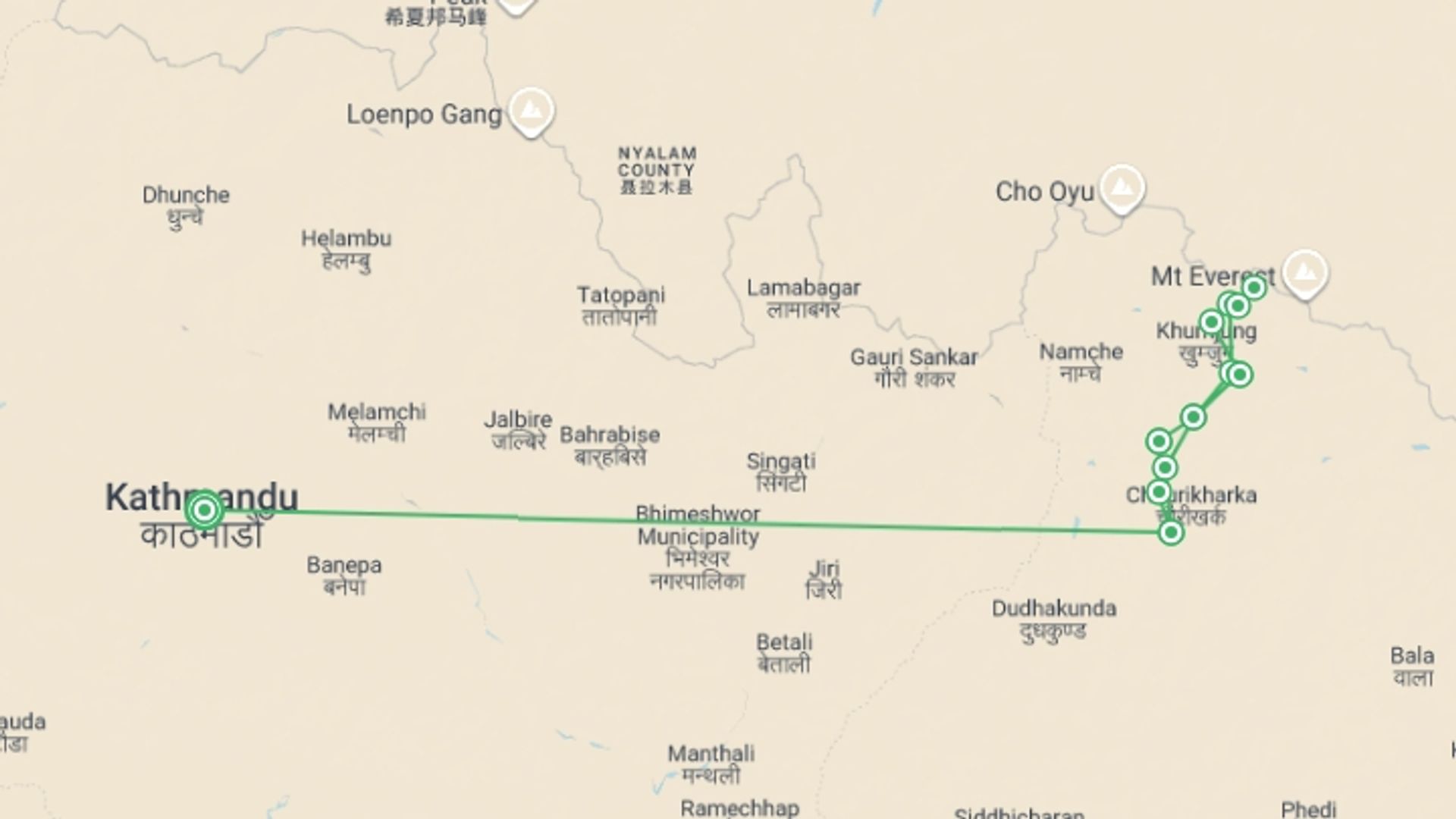 A map showing the tour itinerary for the trip: Everest Base Camp Trek, starting in Kathmandu, Nepal and ending in Kathmandu, Nepal going through 10 other destinations.