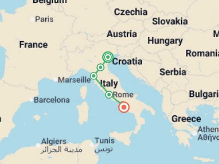 Map itinerary of Italy Tour in October 2026 with 8 destination visits for the trip: Venice to Rome by Rail + Sorrento and the Amalfi Coast