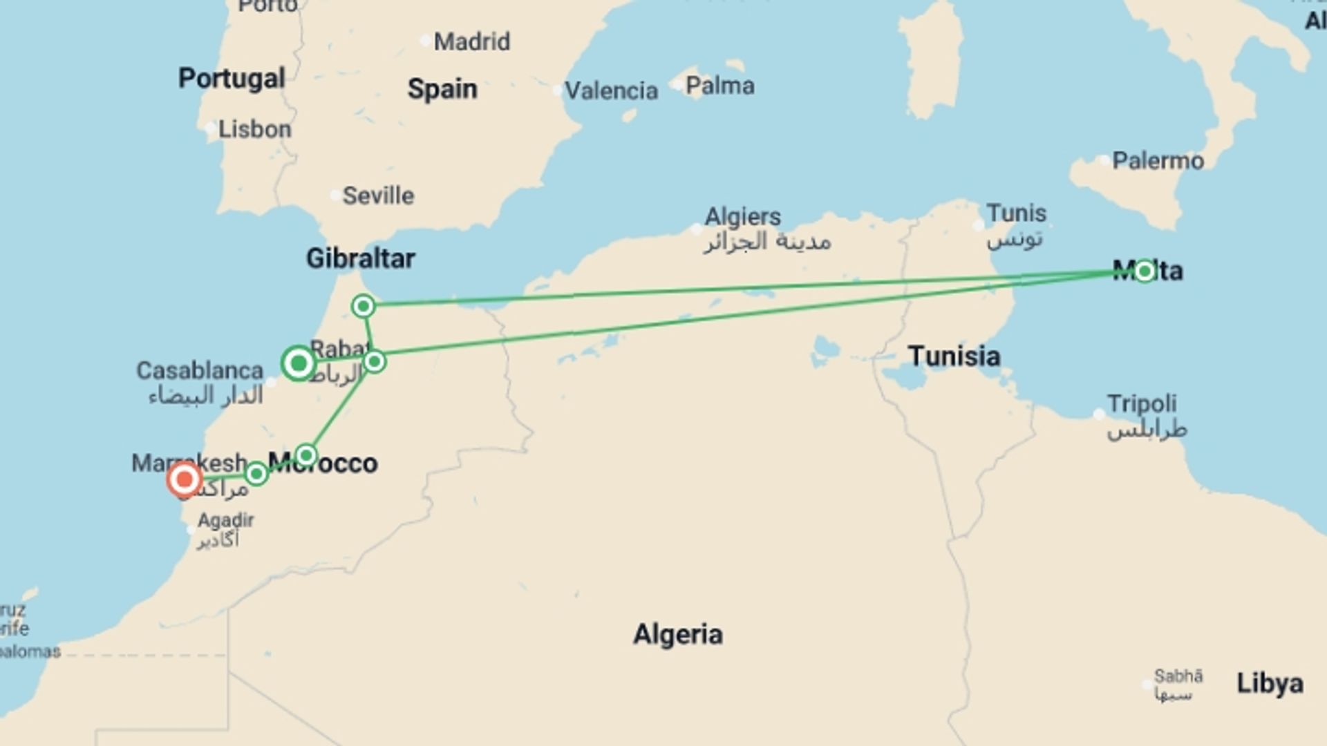 A map showing the tour itinerary for the trip: Upgraded - Discover Morocco and the Atlantic Coast, starting in Rabat, Morocco and ending in Essaouira, Morocco going through 4 other destinations.