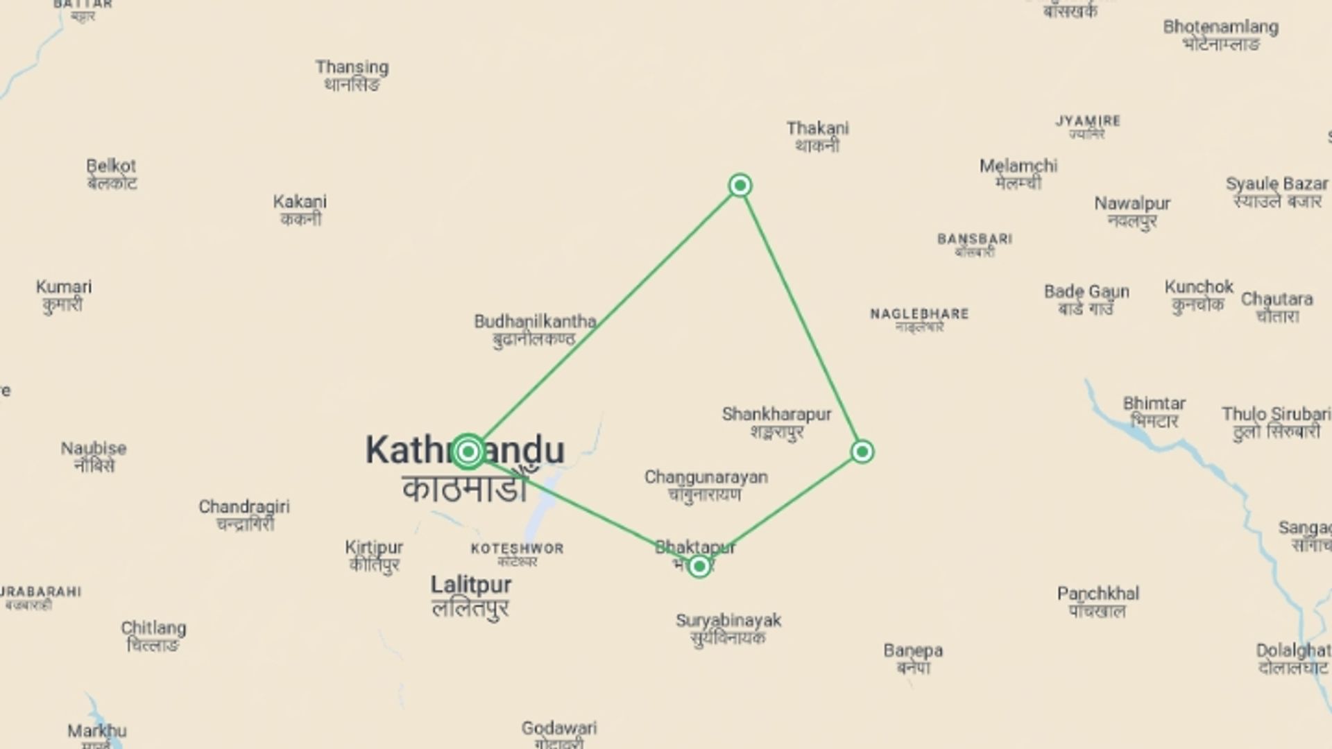 A map showing the tour itinerary for the trip: Nepal Independent Short Break: Kathmandu Valley & Himalayas, starting in Kathmandu, Nepal and ending in Kathmandu, Nepal going through 3 other destinations.