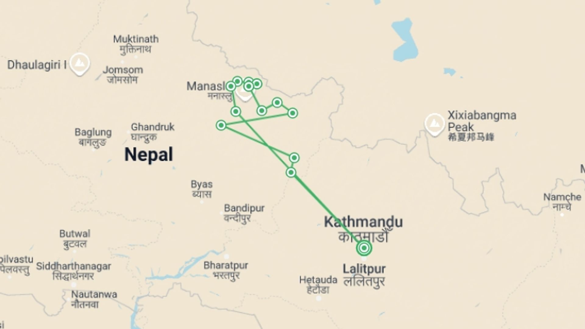 A map showing the tour itinerary for the trip: Manaslu Circuit Trek: 14 Days, starting in Kathmandu, Nepal and ending in Kathmandu, Nepal going through 12 other destinations.