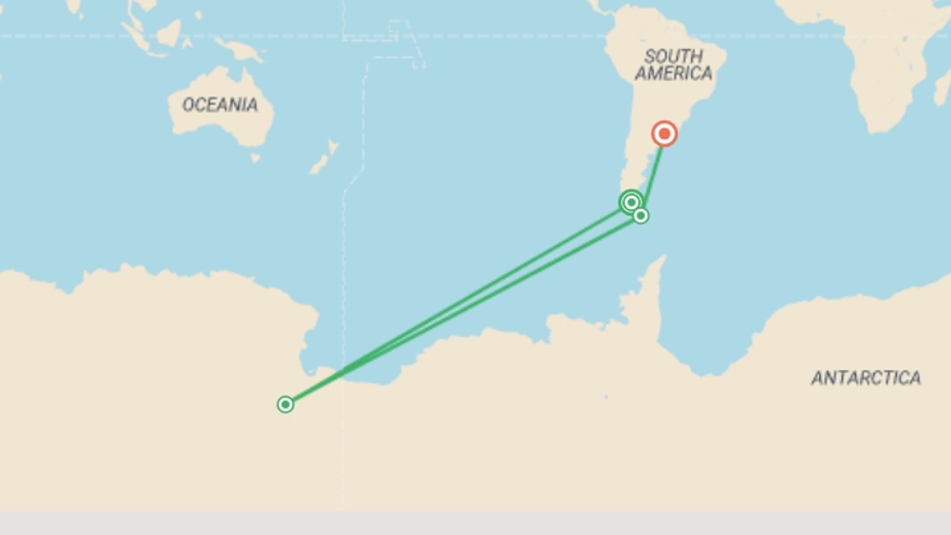A map showing the tour itinerary for the trip: Cruising Fjords of Tierra Del Fuego, starting in Punta Arenas, Chile and ending in Buenos Aires, Argentina going through 2 other destinations.