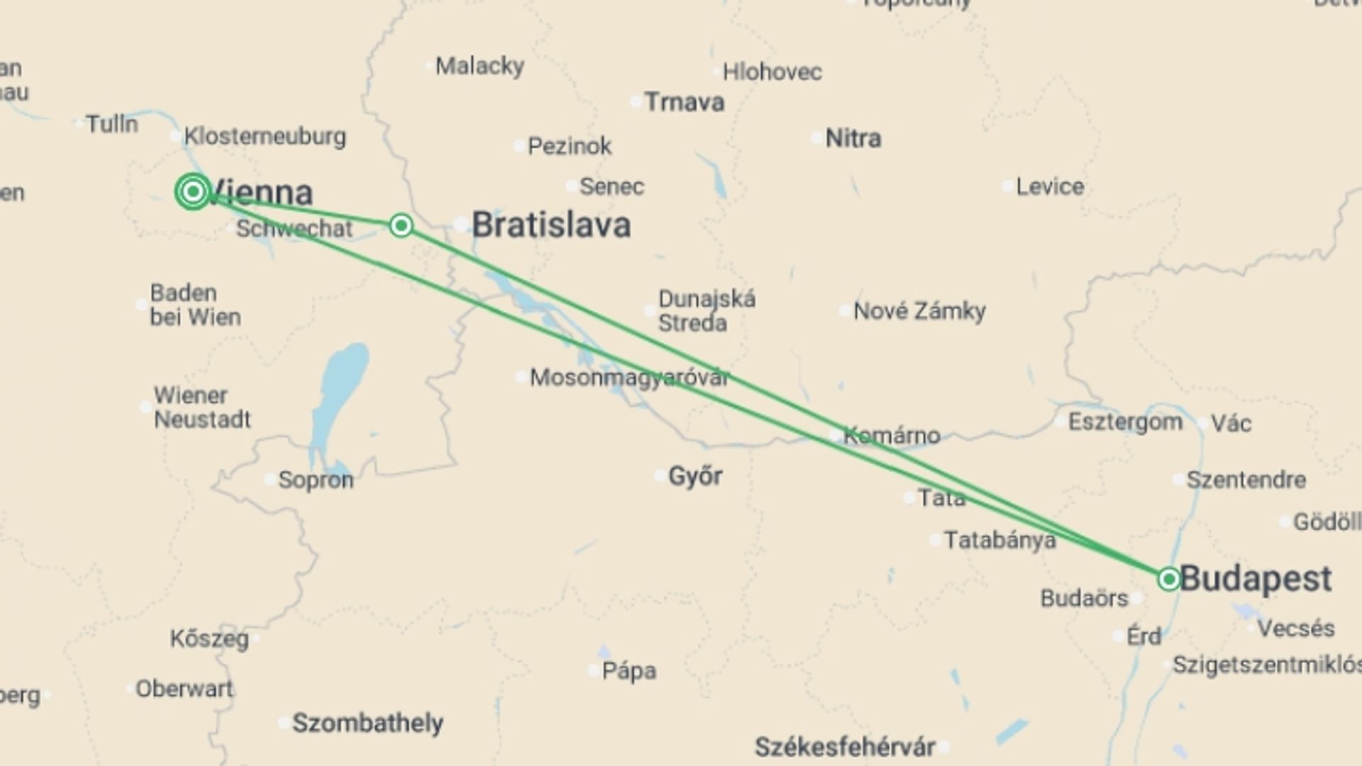 A map showing the tour itinerary for the trip: Danube Christmas Markets - Superior - MS ARENA, starting in Vienna, Austria and ending in Vienna, Austria going through 2 other destinations.