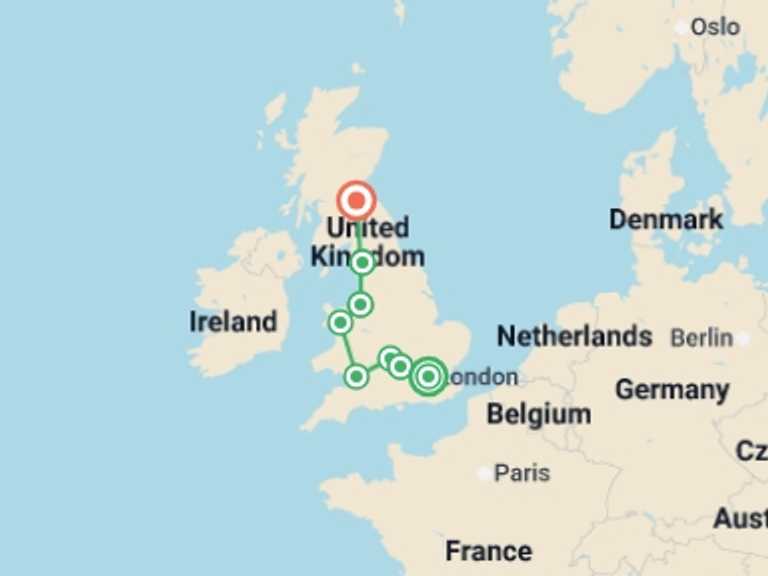Map itinerary of London Tour in April 2027 with 8 destination visits for the trip: Best of Britain