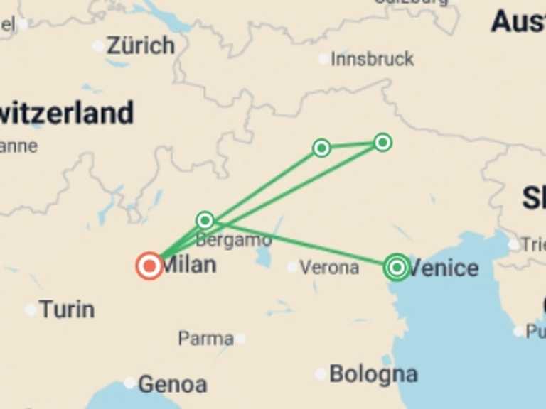 Map itinerary of Italy Tour in August 2026 with 5 destination visits for the trip: Venice to Milan - 13 days