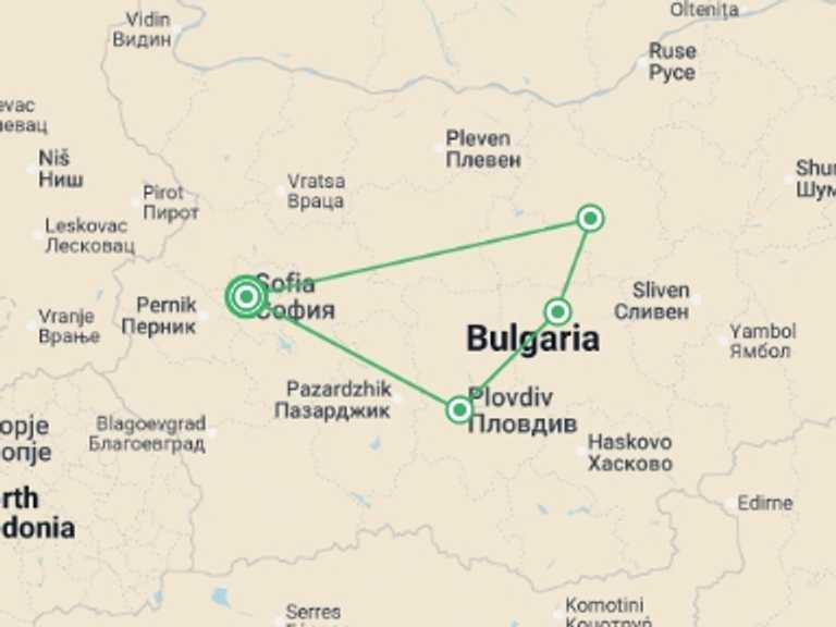 Map of a Local culture Tour with 4 destination visits for the trip: Highlights of Bulgaria