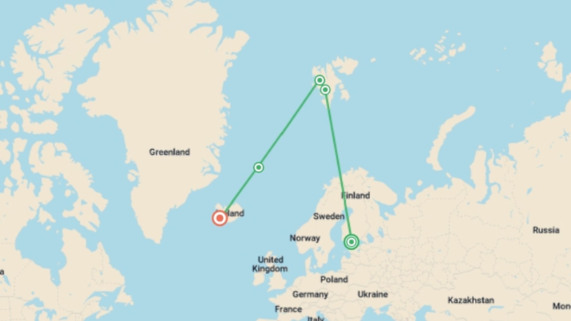 A map showing the tour itinerary for the trip: Ultimate Arctic Voyage: From Svalbard to Jan Mayen to Iceland, starting in Helsinki, Finland and ending in Reykjavik, Iceland going through 2 other destinations.