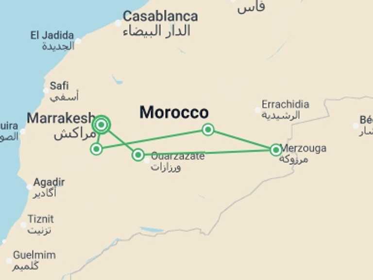 Map itinerary of Africa Tour in February 2027 with 5 destination visits for the trip: Signature Morocco | Echoes of the Minaret