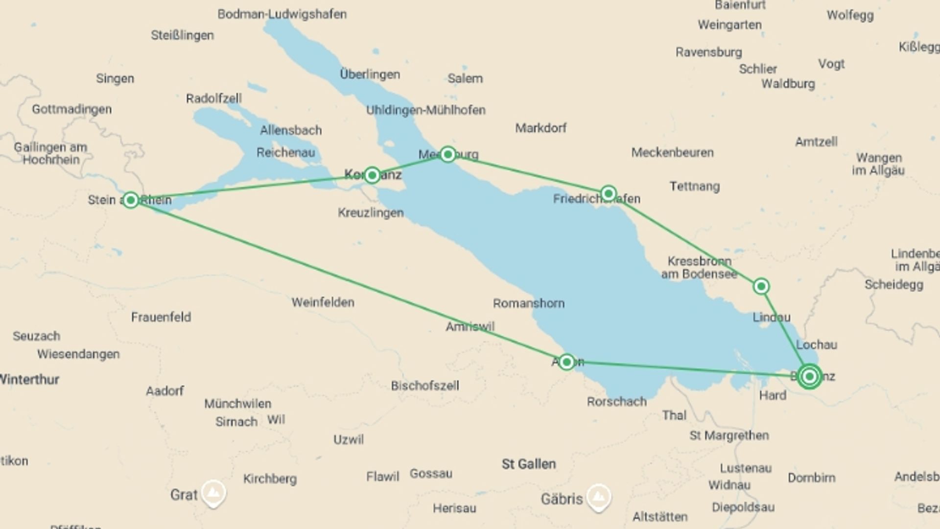 A map showing the tour itinerary for the trip: Highlights of Lake Constance by Bike, starting in Bregenz, Austria and ending in Bregenz, Austria going through 4 other destinations.