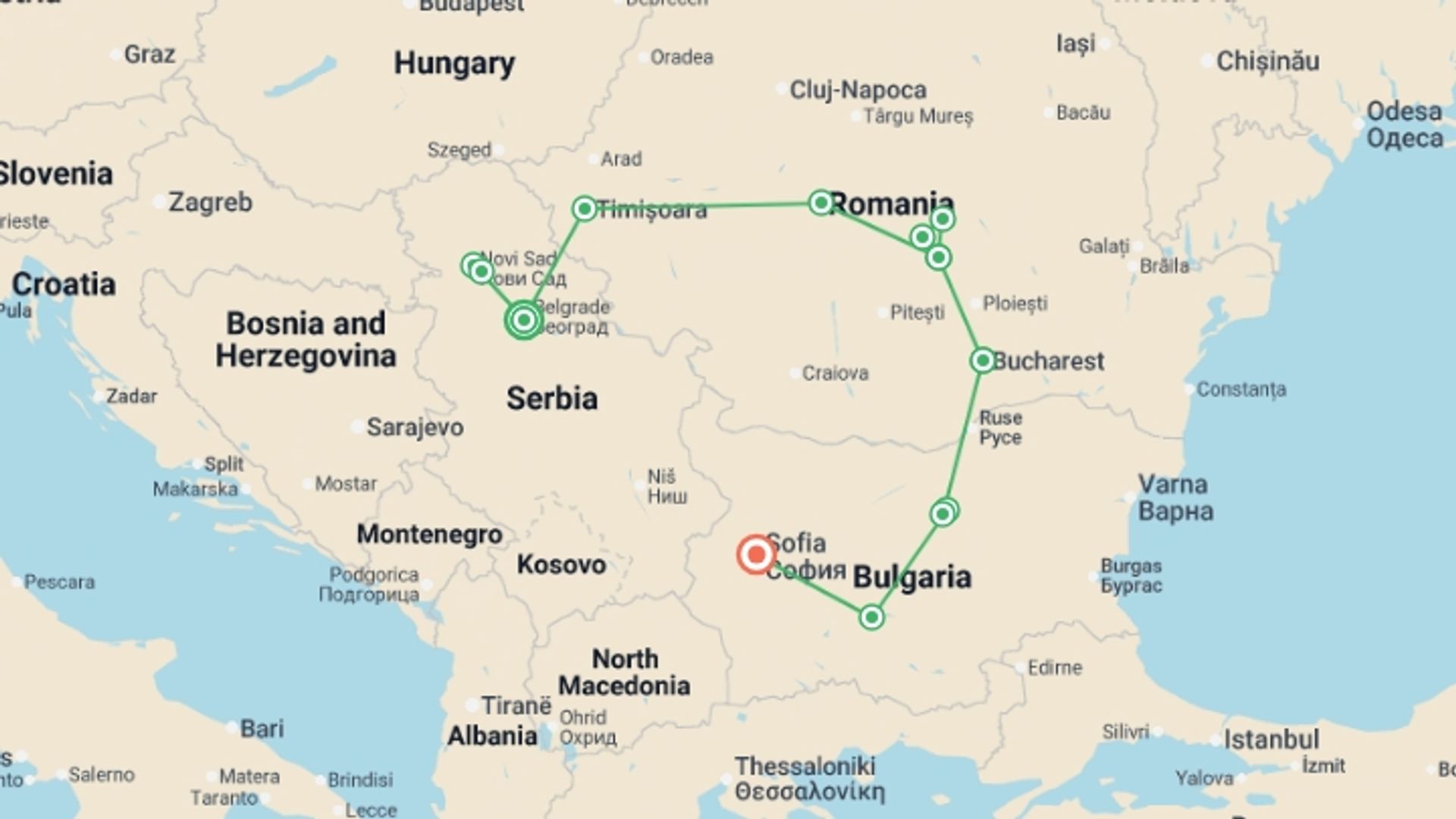 A map showing the tour itinerary for the trip: Serbia, Romania & Bulgaria Discovered - 12 days, starting in Belgrade, Serbia and ending in Sofia, Bulgaria going through 5 other destinations.