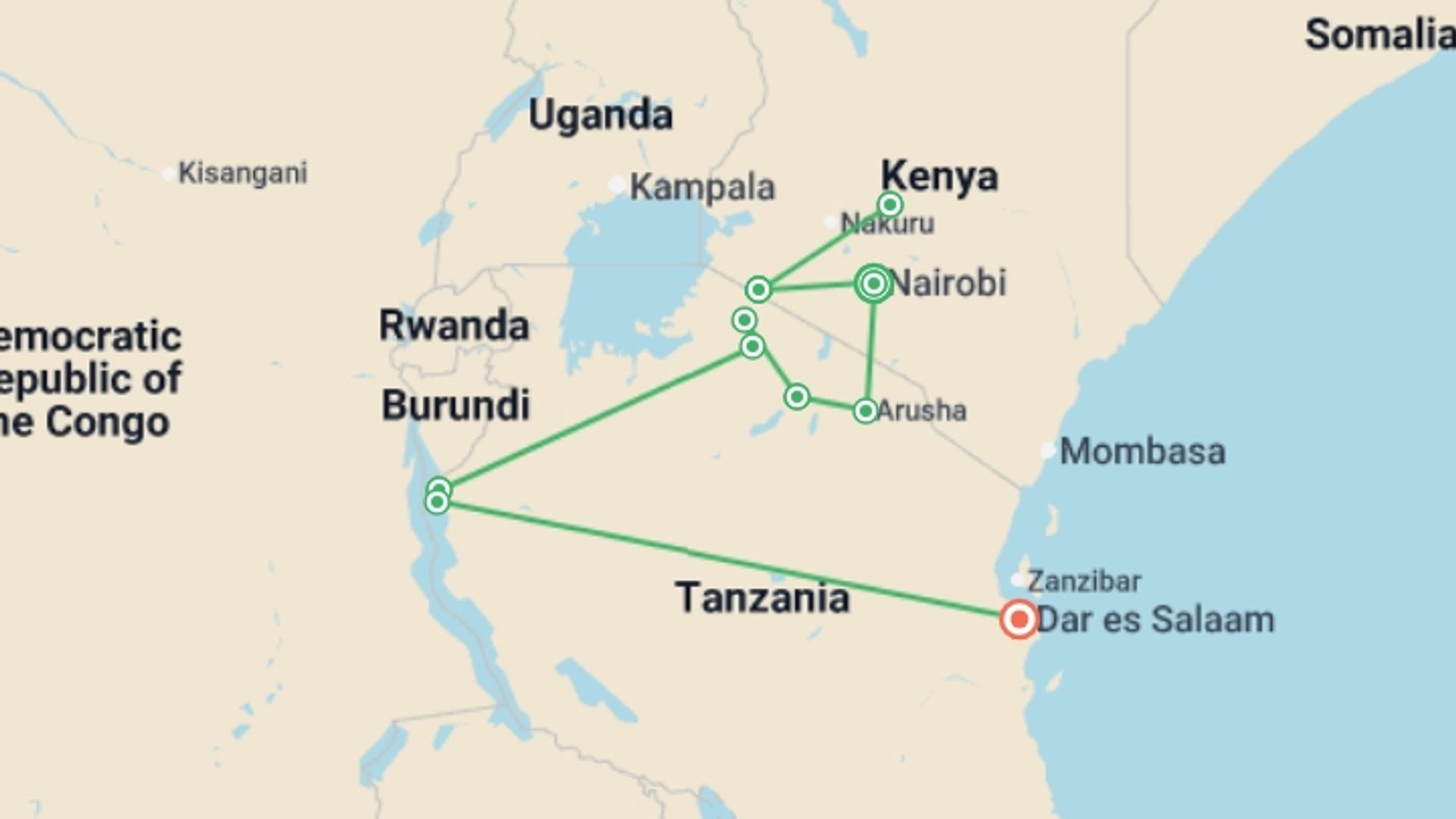 A map showing the tour itinerary for the trip: East Africa: Safari Drives, Mountain Hikes & Chimp Trekking, starting in Nairobi, Kenya and ending in Dar Es Salaam, Tanzania going through 8 other destinations.