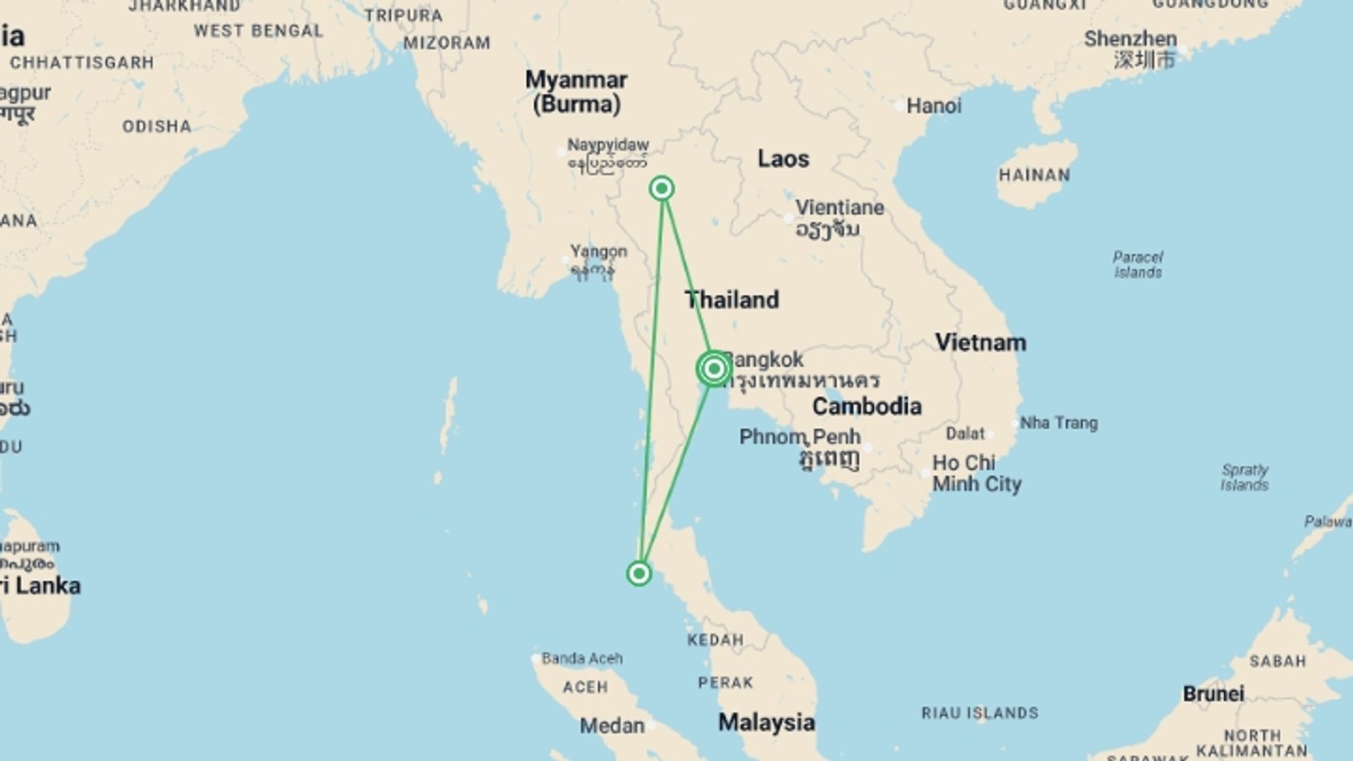 A map showing the tour itinerary for the trip: Bangkok, Golden Triangle & Phuket Deluxe With Domestic Flights Included, starting in Bangkok, Thailand and ending in Bangkok, Thailand going through 2 other destinations.