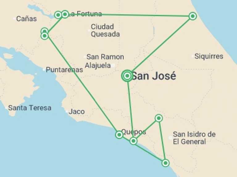 Map itinerary of Costa Rica Tour in Summer with 9 destination visits for the trip: Discover Costa Rica – Coastal Edition