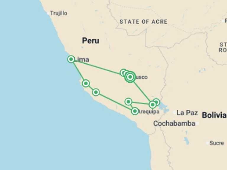 Map of Lima Adventure Tour with 8 destination visits for the trip: Peru Highlights Adventure 14D/13N (from Lima)