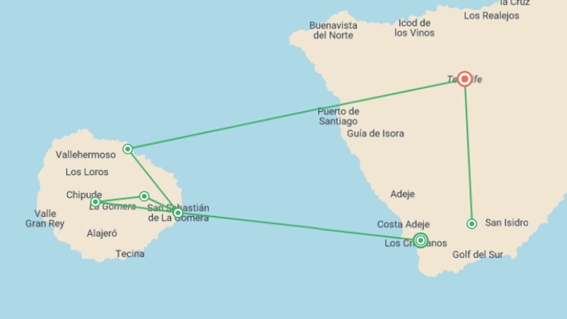 A map showing the tour itinerary for the trip: Canary Islands Walking - La Gomera and Tenerife, starting in Los Cristianos , Tenerife, Spain and ending in Tenerife, Spain going through 6 other destinations.