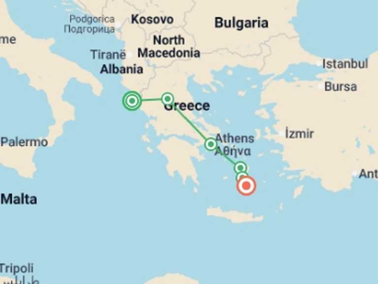 Map of Santorini Explorer Tour with 6 destination visits for the trip: Corfu to Santorini: Beach Days & Jaw-Dropping Views