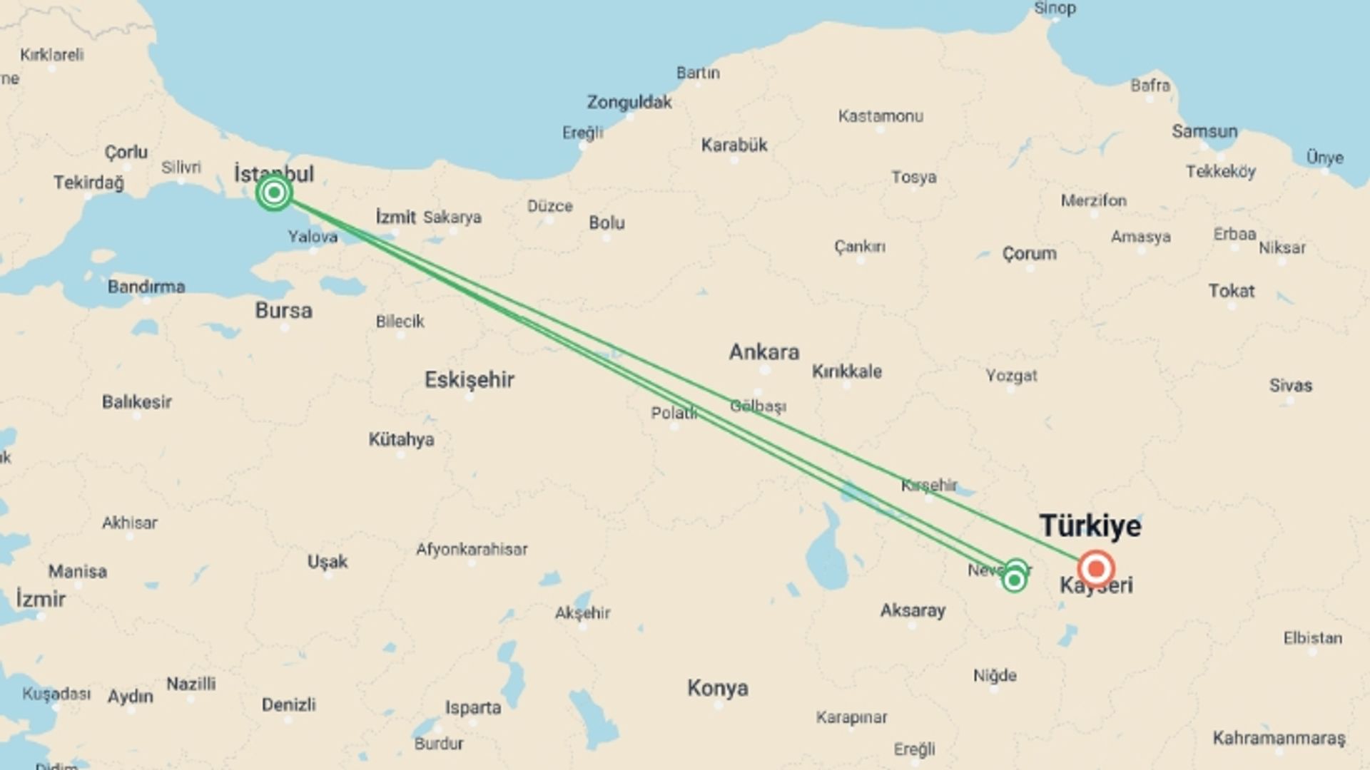 A map showing the tour itinerary for the trip: 2-Day Cappadocia Highlights Tour From Istanbul, starting in Istanbul, Turkey and ending in Kayseri, Turkey going through 1 other destinations.