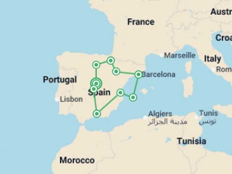 Map itinerary of Spain Tour in March 2027 with 7 destination visits for the trip: Best of Spain