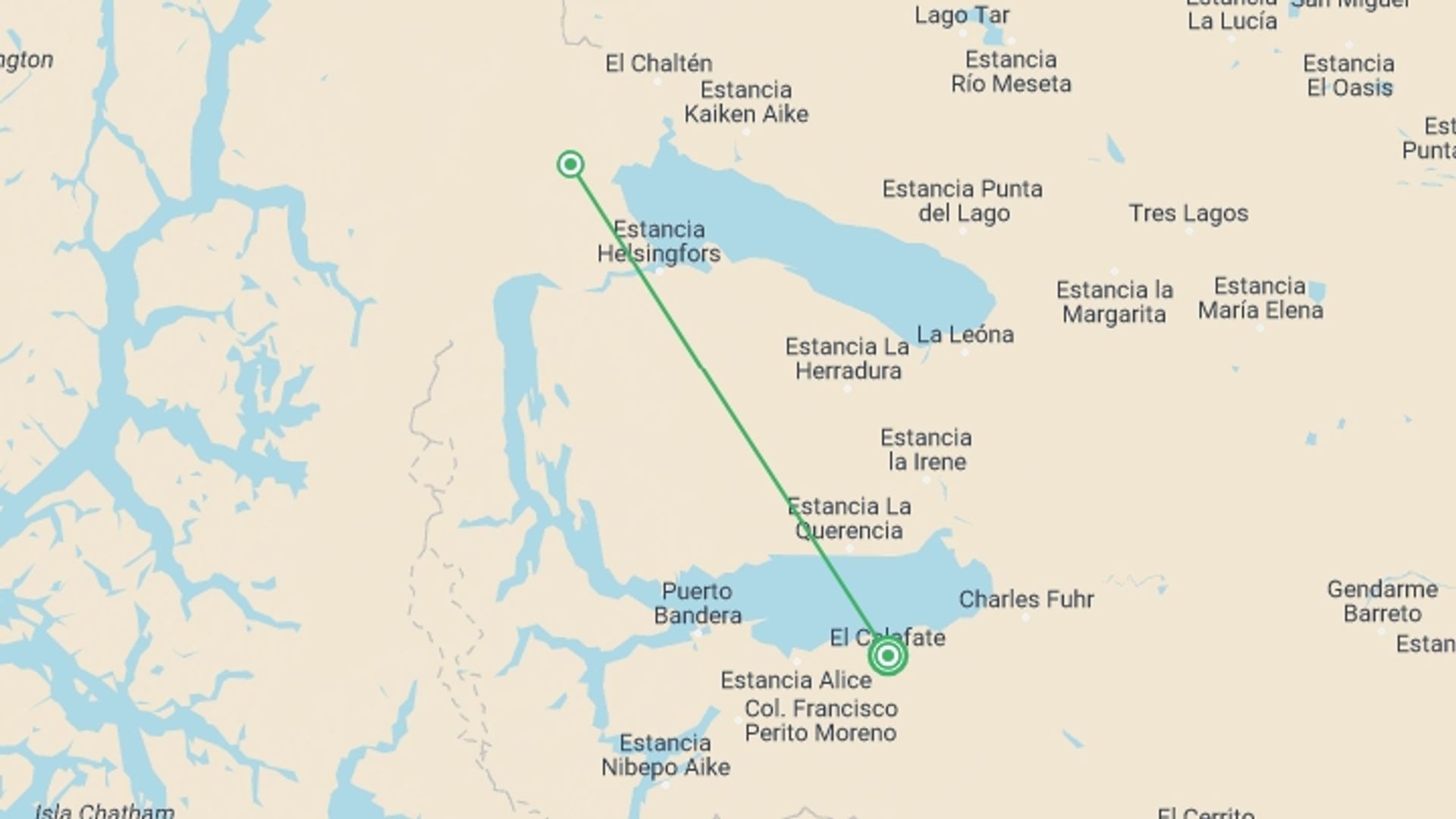 A map showing the tour itinerary for the trip: 4-Day El Calafate Tour, starting in El Calafate, Argentina and ending in El Calafate, Argentina going through 2 other destinations.