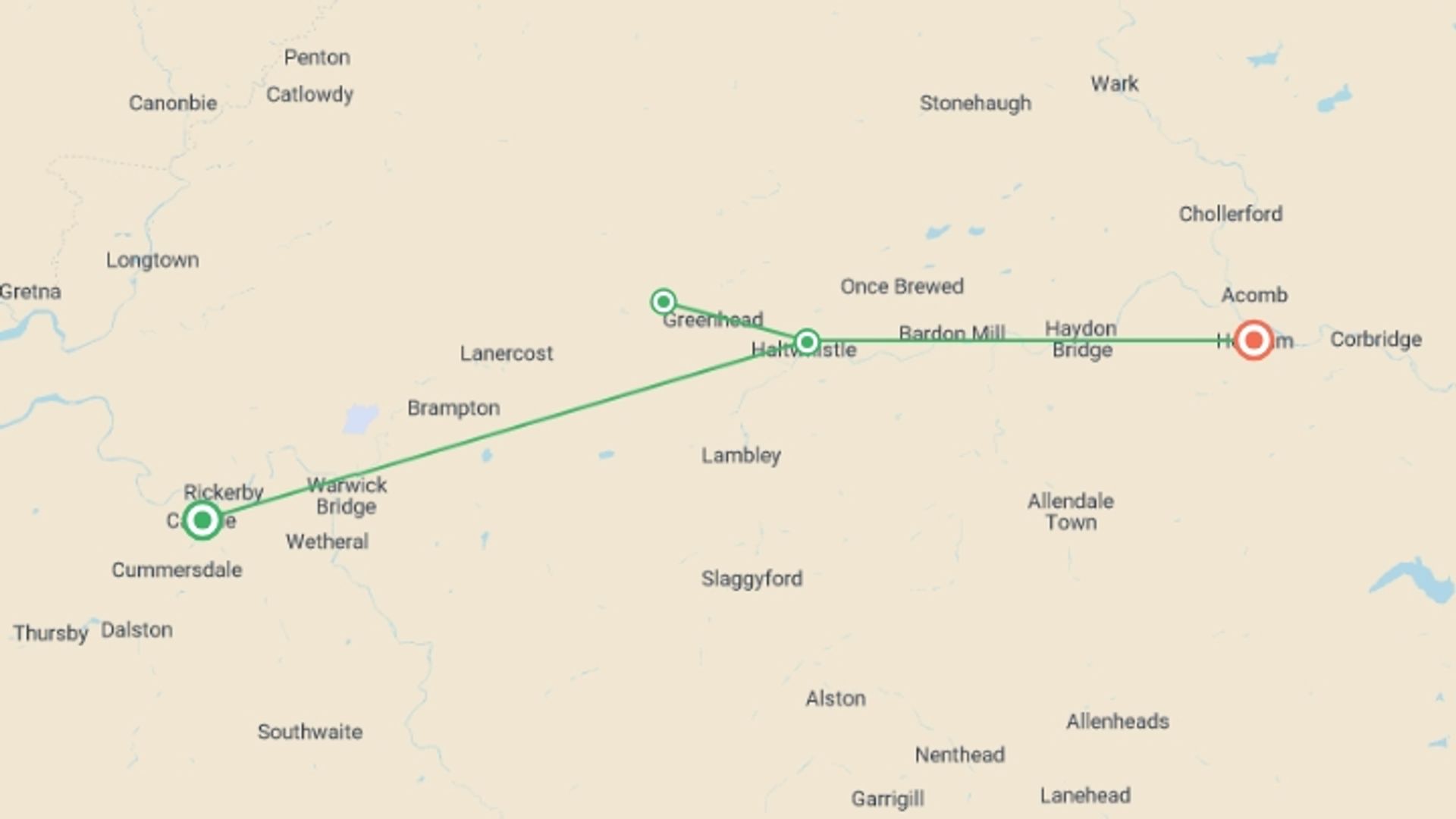 A map showing the tour itinerary for the trip: Walk Hadrian's Wall Highlights, starting in Carlisle, England and ending in undefined, England going through 1 other destinations.