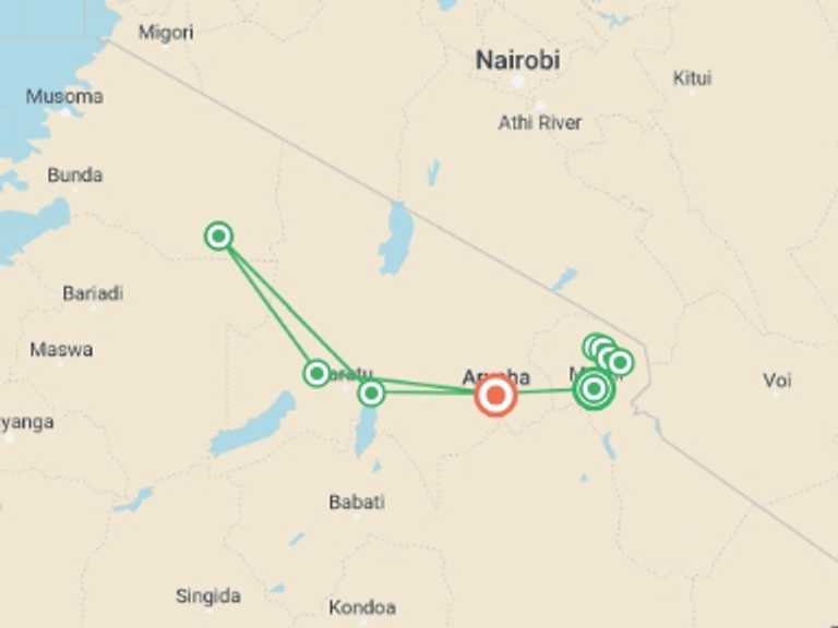 Map of Tanzania Tour with 9 destination visits for the trip: Kilimanjaro - Marangu Route & Serengeti Adventure