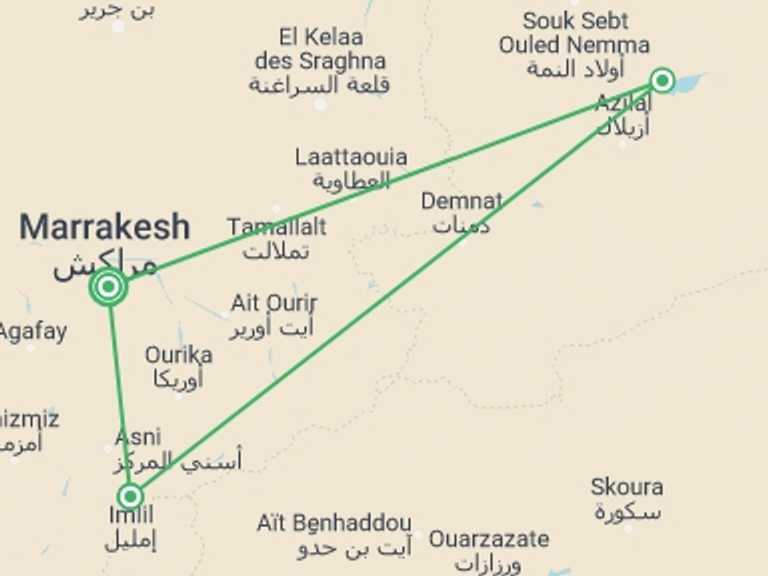 Map of 8-Day Marrakech Tour with 4 destination visits for the trip: Morocco Rafting Adventure