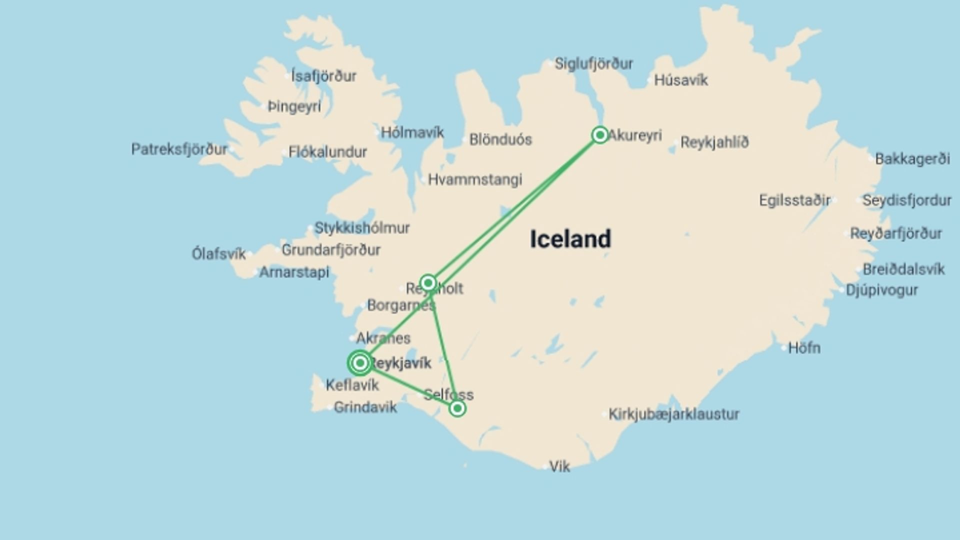 A map showing the tour itinerary for the trip: Signature: Iceland's Reykjavik, Golden Circle, & Fjords of the North, starting in Reykjavik, Iceland and ending in Reykjavik, Iceland going through 3 other destinations.