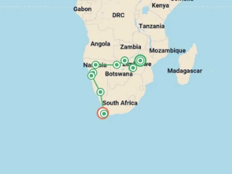Map itinerary of Africa Tour in July 2026 with 12 destination visits for the trip: Harare To Cape Town (34 Days) Deltas & Dunes