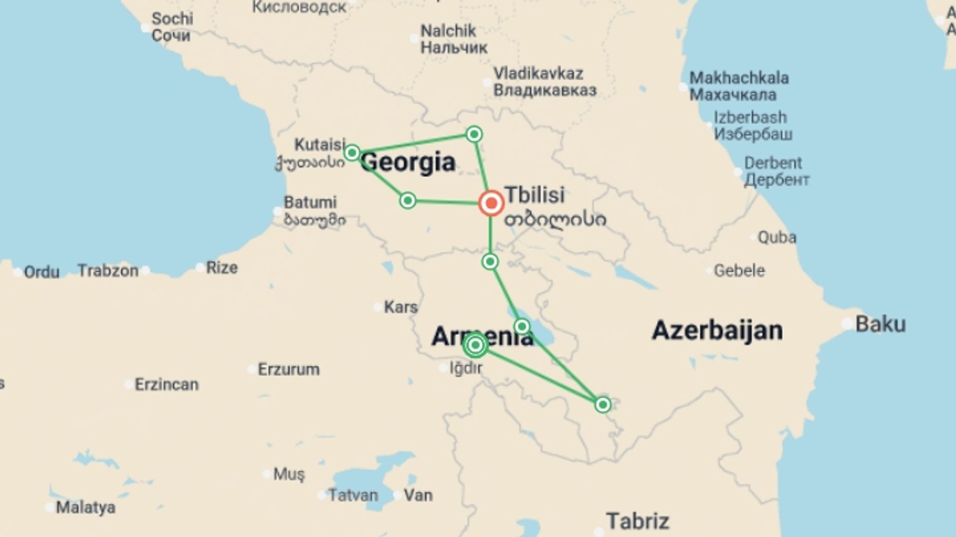 A map showing the tour itinerary for the trip: Highlights of Armenia & Georgia, starting in Yerevan, Armenia and ending in Tbilisi, Georgia going through 6 other destinations.