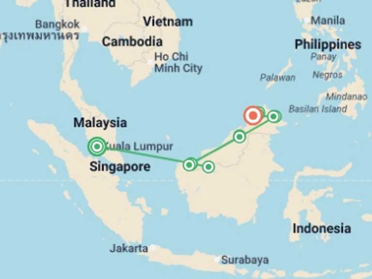 Map itinerary of South East Asia Tour in May 2026 with 9 destination visits for the trip: In-depth Borneo & Malaysia Tour