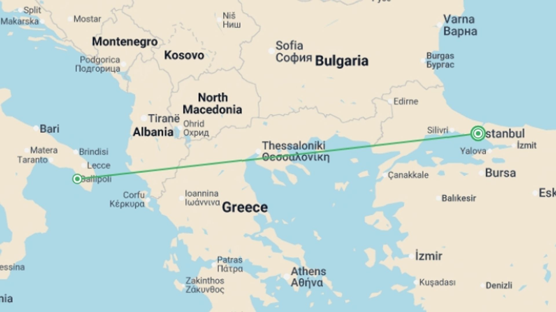 A map showing the tour itinerary for the trip: ANZAC Day Dawn Service, starting in Istanbul, Turkey and ending in Istanbul, Turkey going through 1 other destinations.
