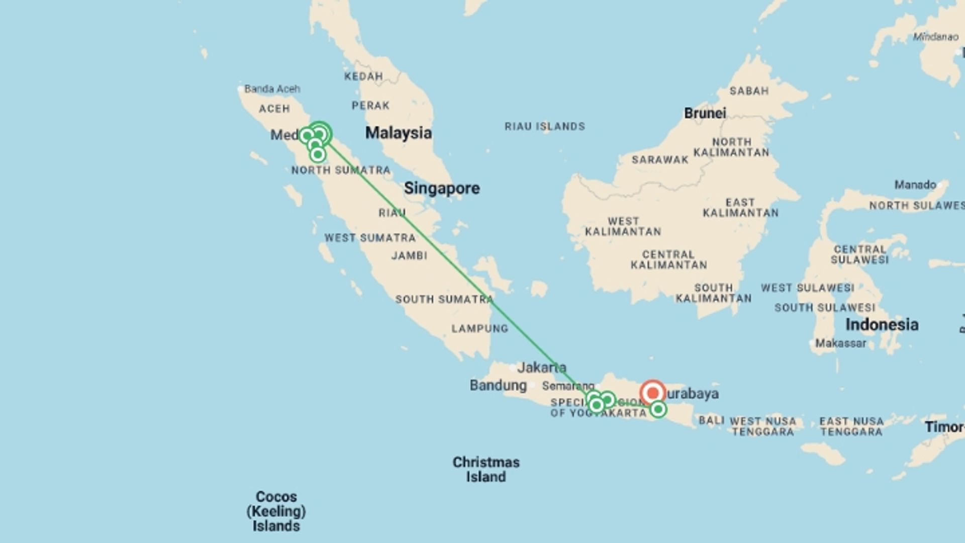 A map showing the tour itinerary for the trip: Highlights of Java & Sumatra, starting in Medan, Indonesia and ending in Surabaya, Indonesia going through 8 other destinations.