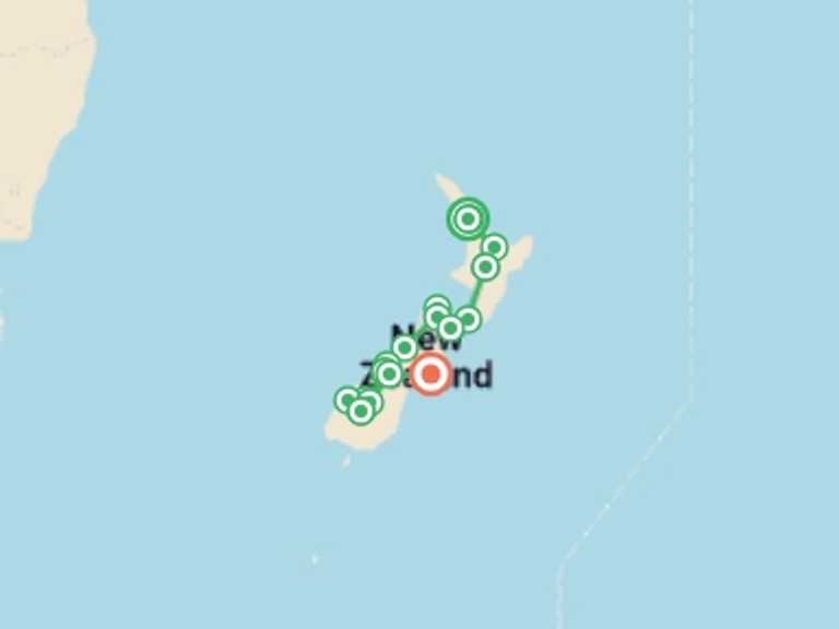 Map itinerary of Oceania Tour in November 2026 with 14 destination visits for the trip: Discover New Zealand