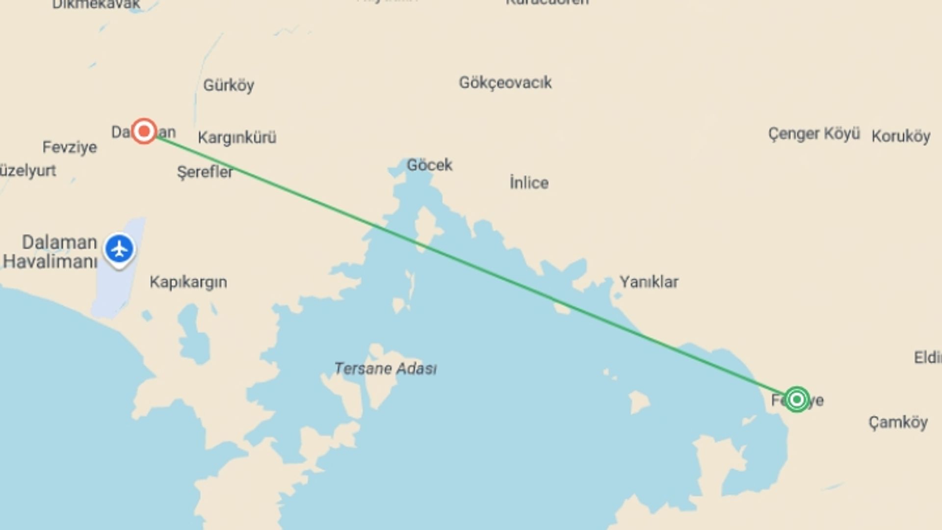 A map showing the tour itinerary for the trip: Fethiye Express - 4 days, starting in Fethiye, Turkey and ending in Dalaman, Turkey going through 1 other destinations.