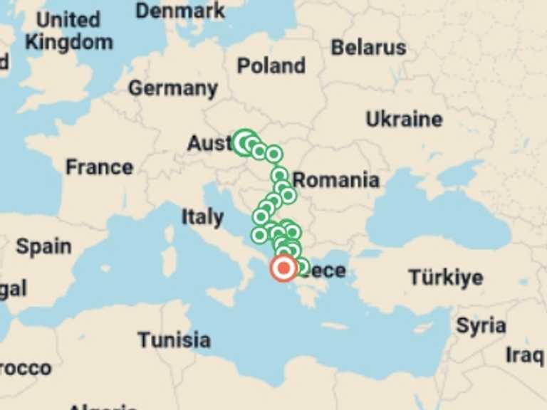 Map itinerary of Balkans Tour in August 2026 with 16 destination visits for the trip: Vienna to Athens or Corfu - 21 days