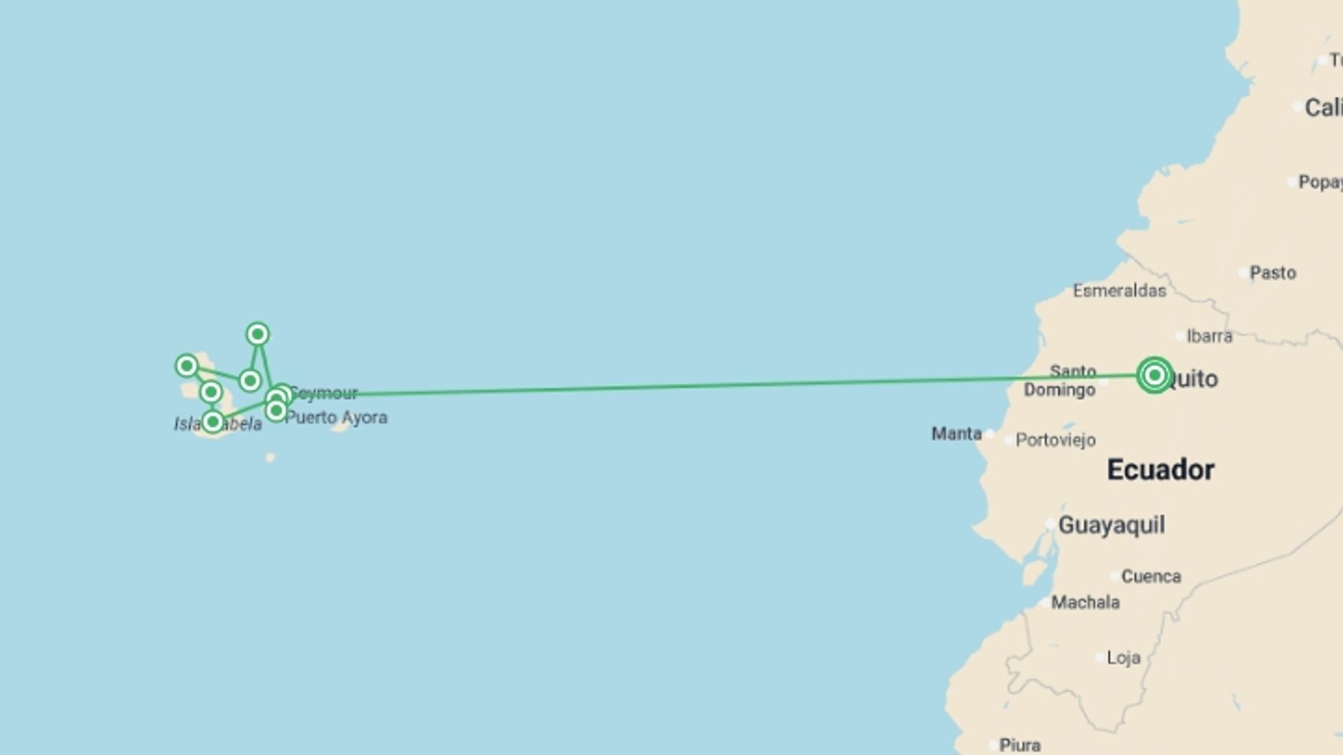 A map showing the tour itinerary for the trip: Ultimate Galapagos: Central Islands (Grand Daphne), starting in Quito, Ecuador and ending in Quito, Ecuador going through 7 other destinations.