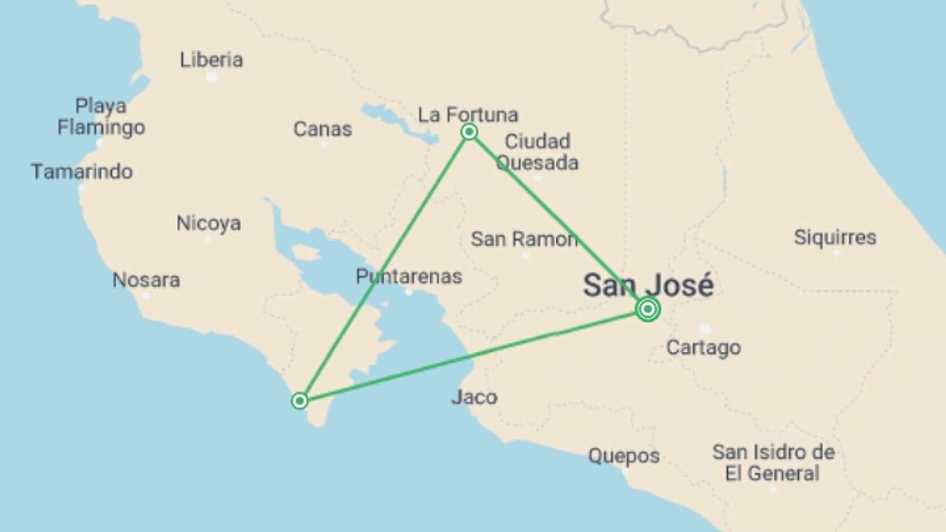 A map showing the tour itinerary for the trip: Costa Rica: Ocean Waves & Sunsets, starting in San Jose, Costa Rica and ending in San Jose, Costa Rica going through 4 other destinations.