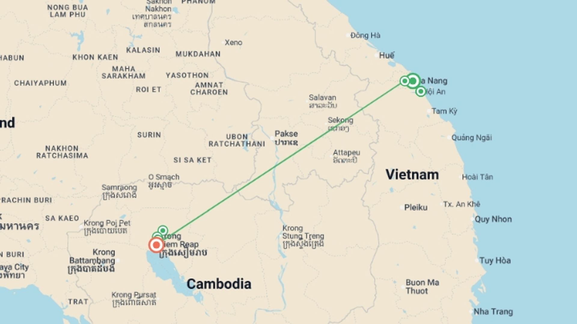 A map showing the tour itinerary for the trip: Danang, Hoi An & Siem Reap - 9 days, starting in Da Nang, Vietnam and ending in Siem Reap, Cambodia going through 1 other destinations.