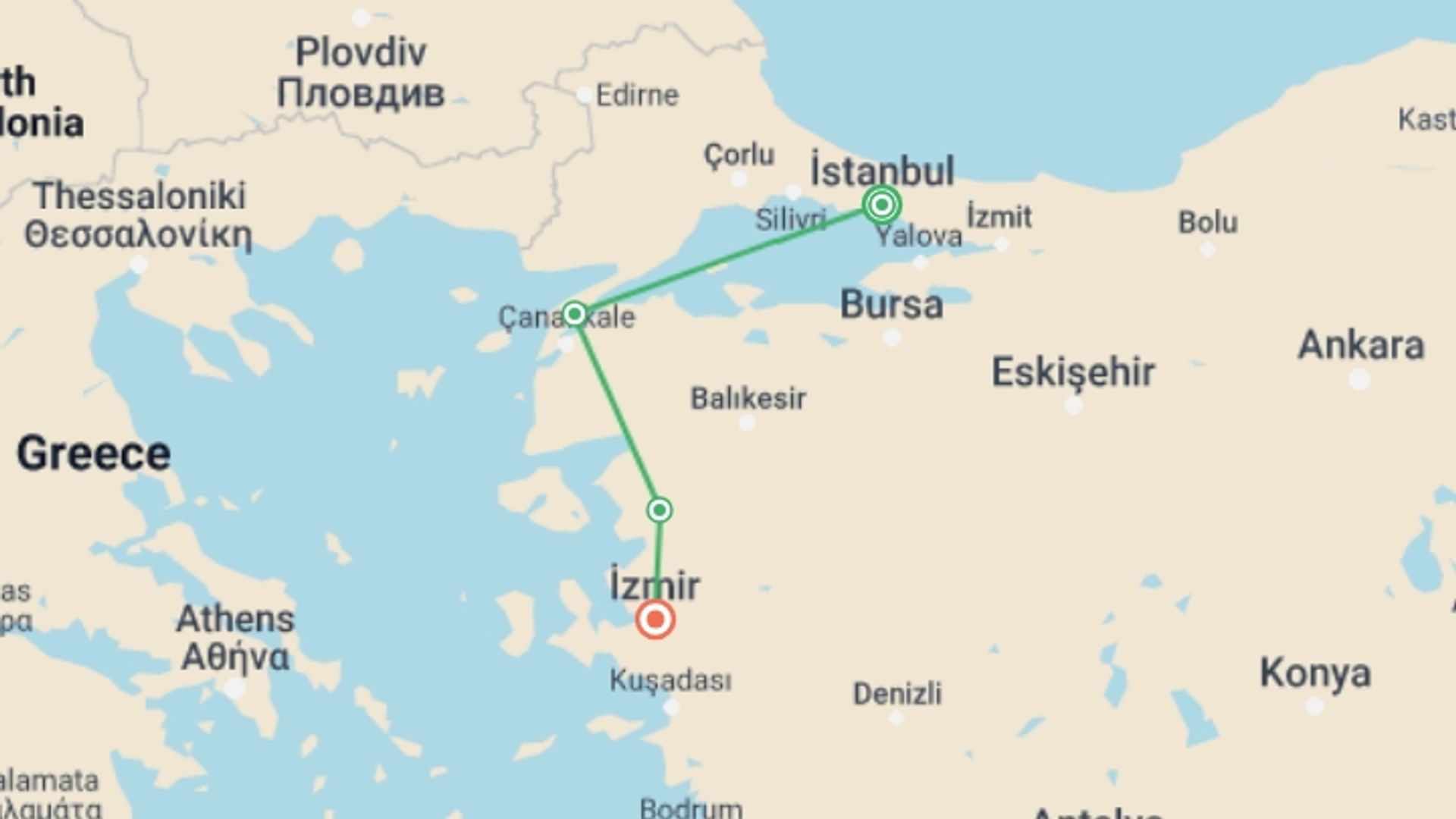 A map showing the tour itinerary for the trip: Western Turkey Explorer - 5 Days, starting in Istanbul, Turkey and ending in Izmir, Turkey going through 6 other destinations.