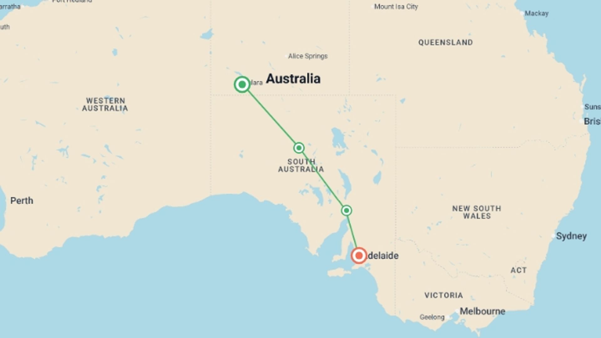 A map showing the tour itinerary for the trip: Outback Explorer: Uluru to Adelaide, starting in Uluru Kata-Tjuta National Park, Australia and ending in Adelaide, Australia going through 2 other destinations.