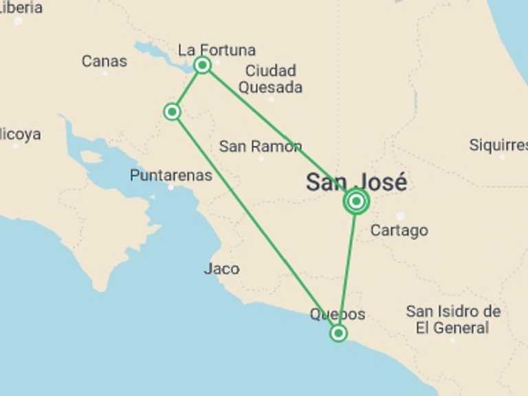 Map of San Jose Wildlife safaris and game drives Tour with 4 destination visits for the trip: Highlights of Costa Rica