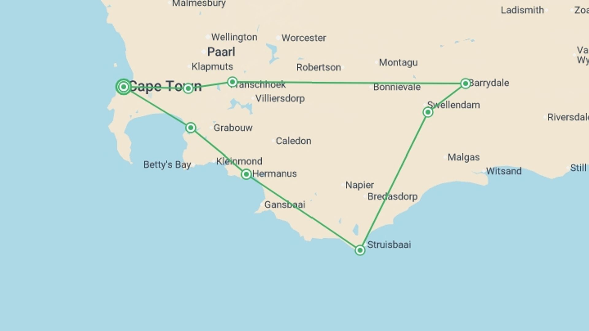 A map showing the tour itinerary for the trip: Cycling the Cape & Winelands, starting in Cape Town, South Africa and ending in Cape Town, South Africa going through 7 other destinations.