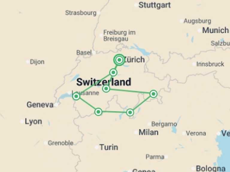 Map itinerary of Europe Tour in Fall with 7 destination visits for the trip: Country Roads of Switzerland - Small Group