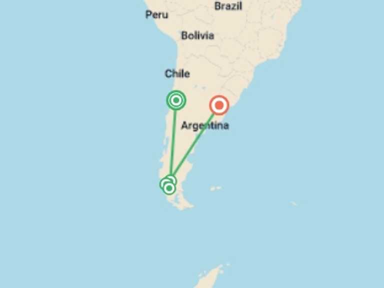 Map of South America Tour with 5 destination visits for the trip: Heart of Patagonia - Small Group