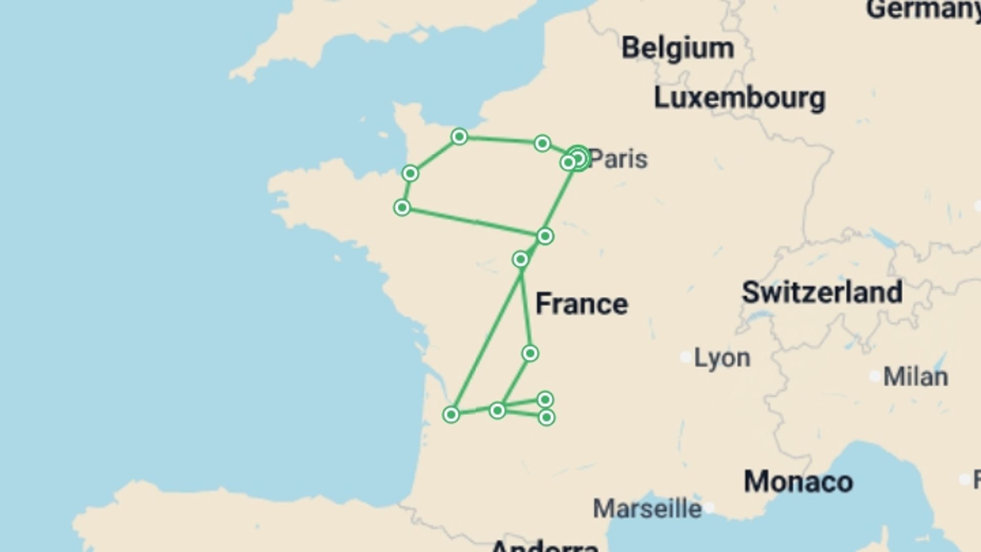 A map showing the tour itinerary for the trip: Treasures of France, starting in Paris, France and ending in Paris, France going through 6 other destinations.
