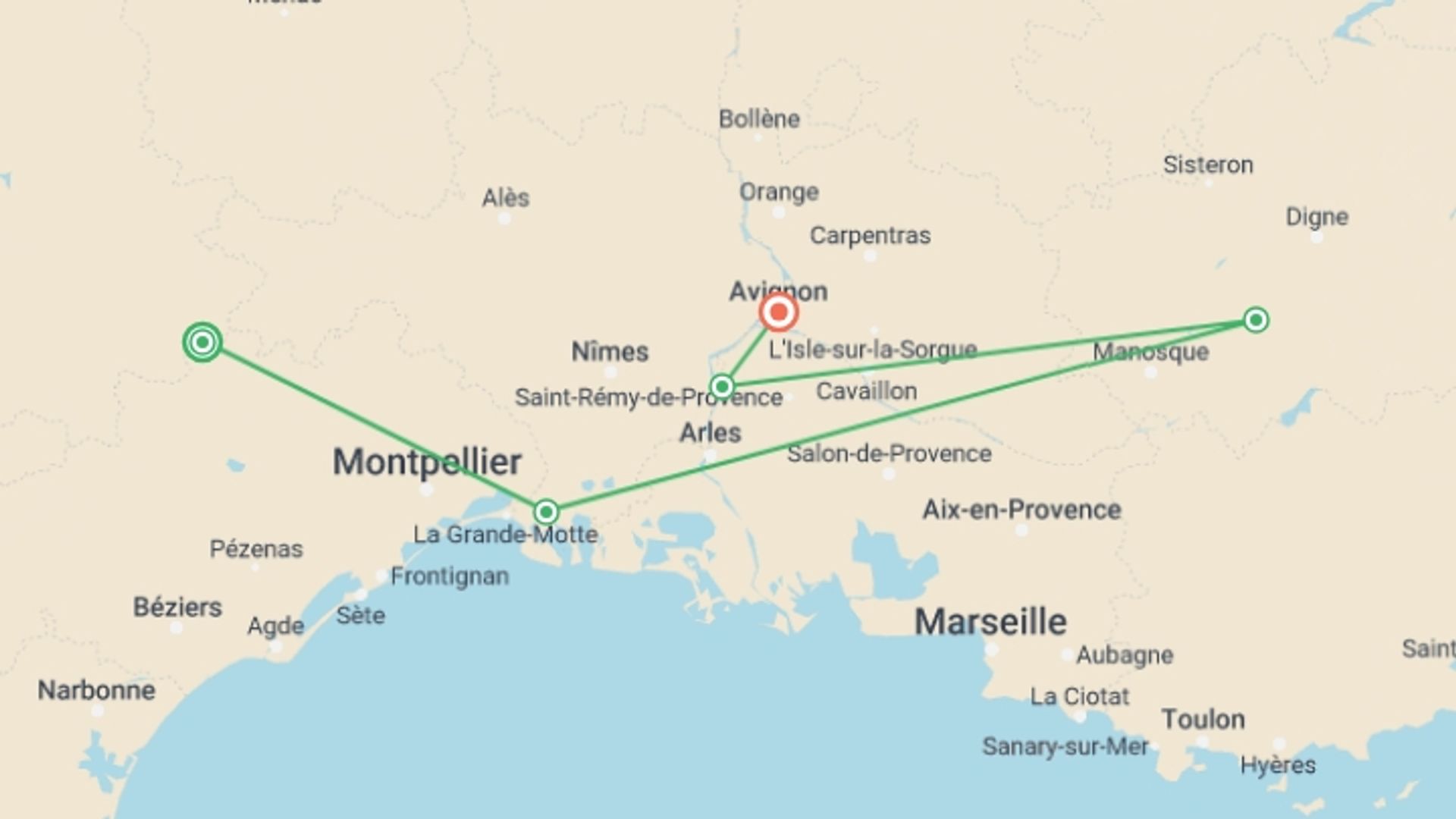 A map showing the tour itinerary for the trip: Santons and Christmas traditions along the canals of Provence In the footsteps of fortresses and authentic villages, starting in Occitanie, France and ending in Avignon, France going through 3 other destinations.